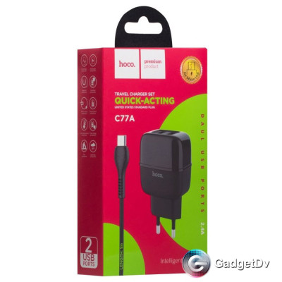 20980 СЗУ USB 2,4А + кабель Type-C, Hoco C77A