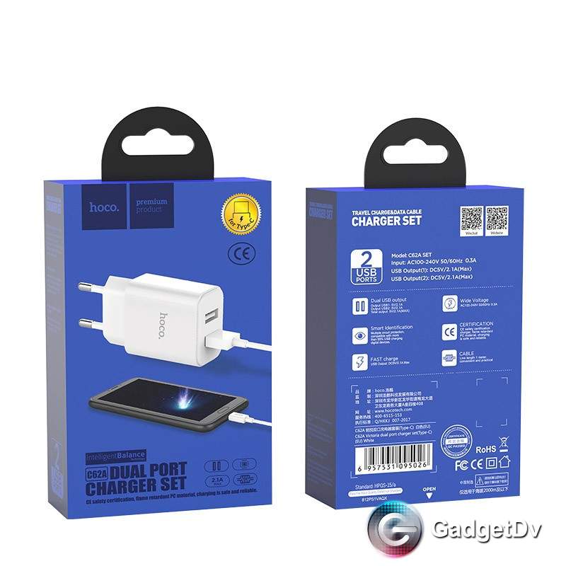 60794 СЗУ USB 2,1А+ кабель Type-C, Hoco C62A