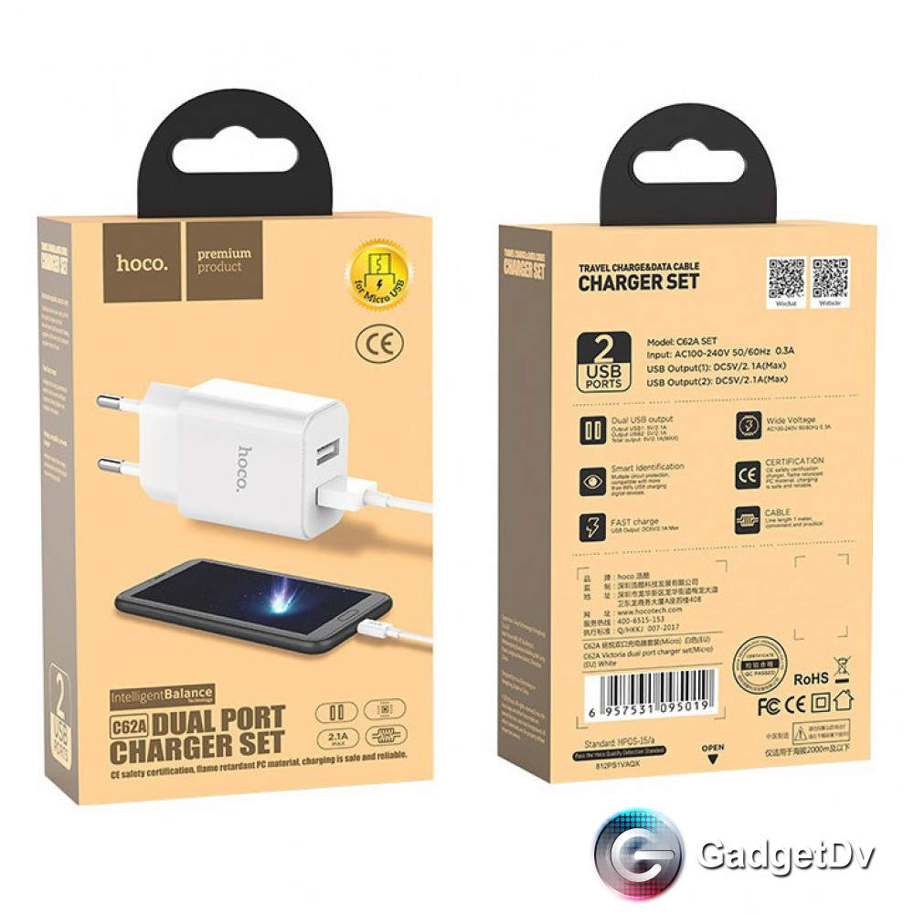 60796 СЗУ USB 2,1А + кабель micro USB, Hoco C62A
